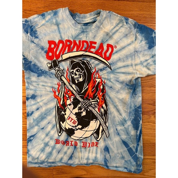Born Dead Clothing Adult Medium Tie-Dye Grim Reaper with Scythe on Blue Shirt - Picture 2 of 5